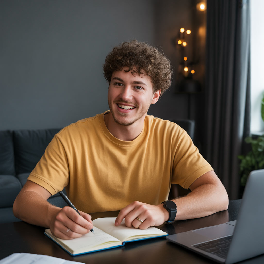 Man wearing yellow shirt taking notes