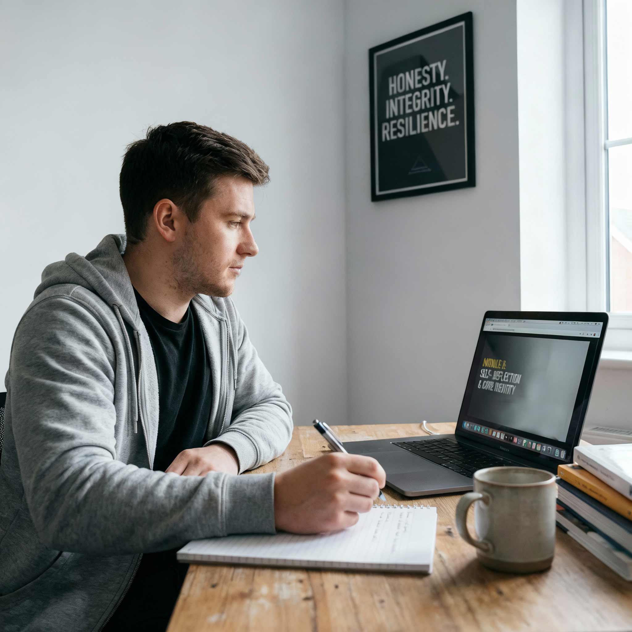 Man taking notes with a laptop on a desk